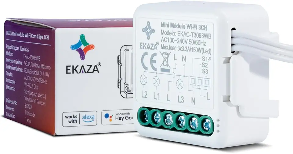 EKAZA Interruptor Mini Módulo Embutido Wi-Fi, 3 Canais – EKAC-T3093WB