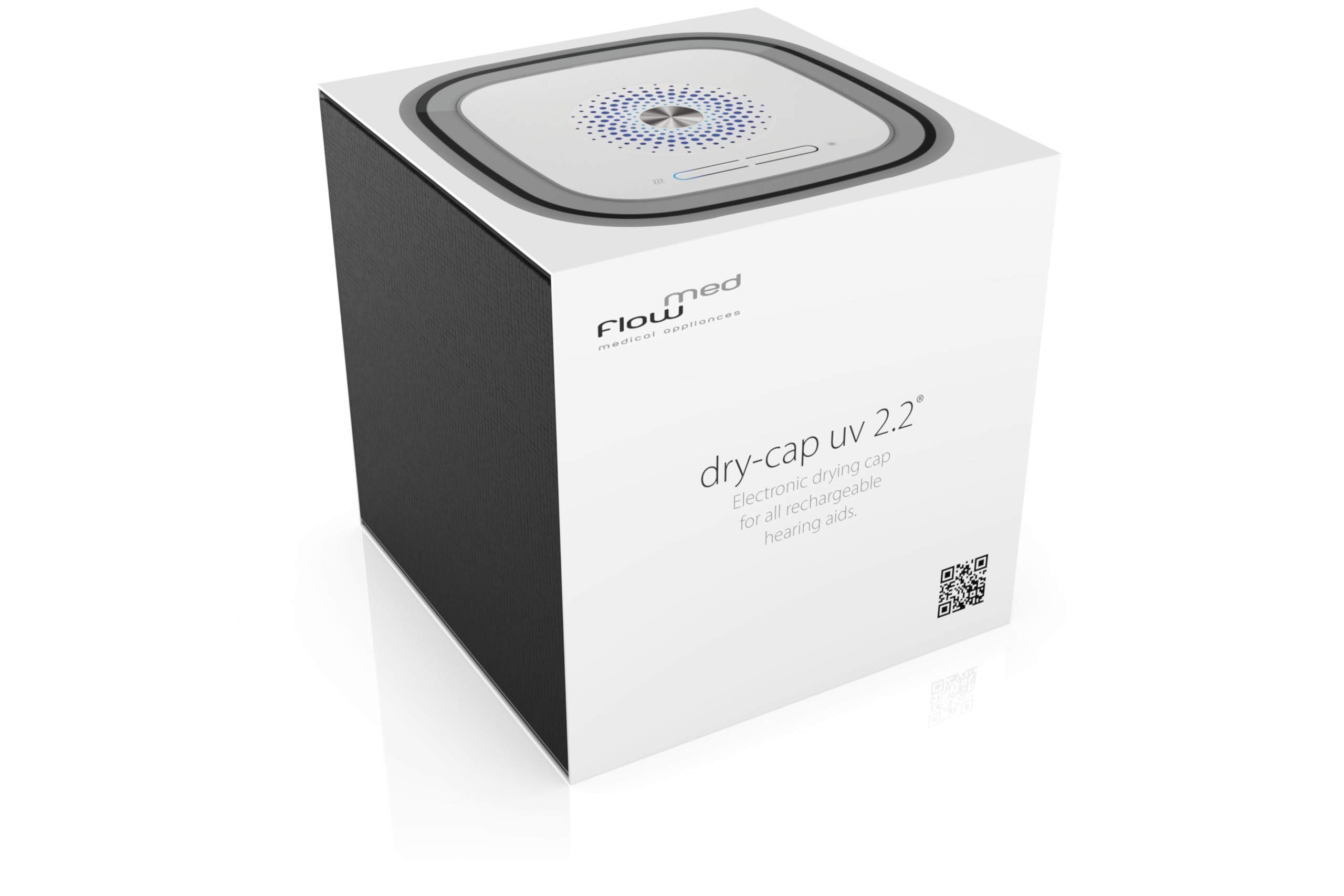 flow-med dry- cap UV 2.2 - Déshumidificateur Appareil Auditif - Chargement, Nettoyage et Séchage Simultanés - Pour tous les Appareils Auditifs - 4 LED UV-C - Ventilateur & Chaleur - Produit Médical