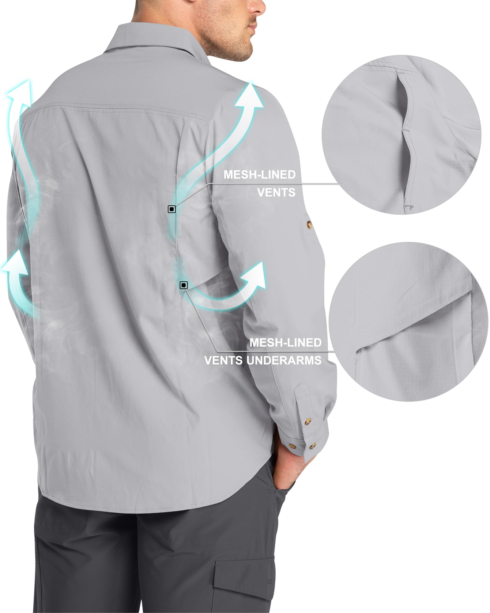 33,000ft Camisas de senderismo de manga larga para hombre, ligeras, de secado rápido, protección solar UV UPF 50, camisa de pesca, safari al aire libre, viajes