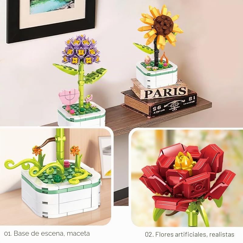 WOMA 19069 Racimos de Flores en Maceta (172/119/130/122 Piezas), 6 Plantas en Maceta Diferentes, Regalo de decoración para el hogar