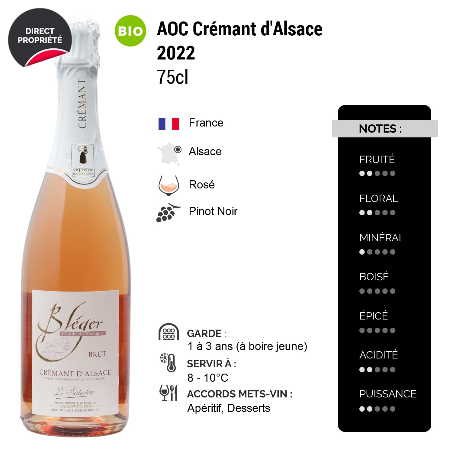 Crémant d'Alsace Le Séducteur - Rosé 2022 - Domaine Claude et Christophe Bléger - Vin Rosé d' Alsace (3x75cl) BIOEffervescent