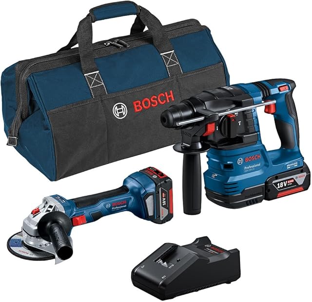 Bosch Professional system 18V: zestaw GWS 18V-7 + GBH 18V-22 (2 akumulatory GBA 18V 4.0Ah, ładowarka GAL 18V-40, torba narzędziowa)