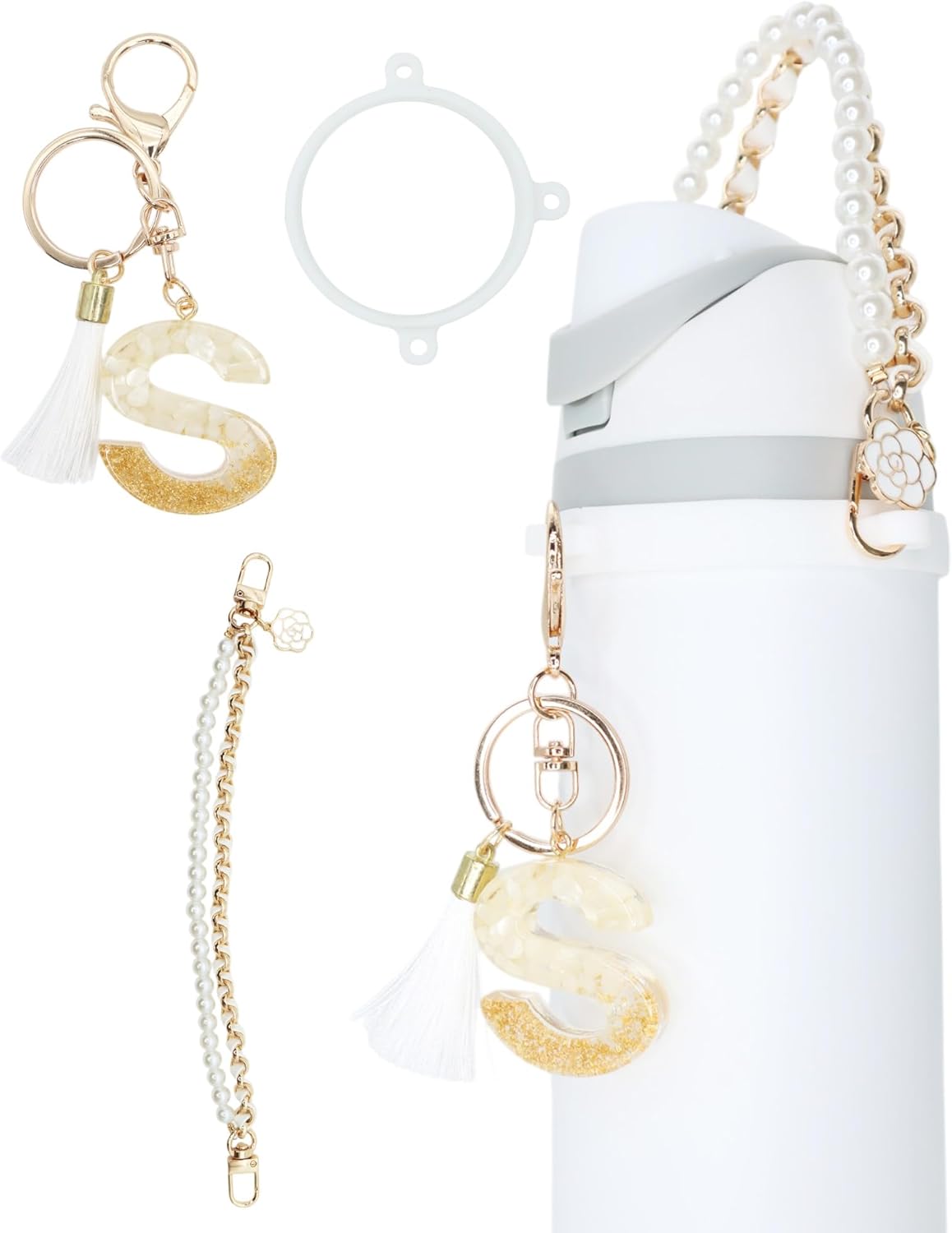 Letter Accessories for Owala Water Bottle 24-40oz, 3PC Cute Initial Keychain & Water Bottle Handle Strap with a Thick Elastic Silicone Ring Holder