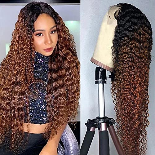 24 Inch 1B/30 Blond and Brown Lace Front Wigs Human Hair Ombre Curly Wave 13x4x1 T Part Lace Wig with Baby Hair Brazilian Glueless Deep Wave Brown Wigs for Women Pre Plucked 150% Density Brennas Hair