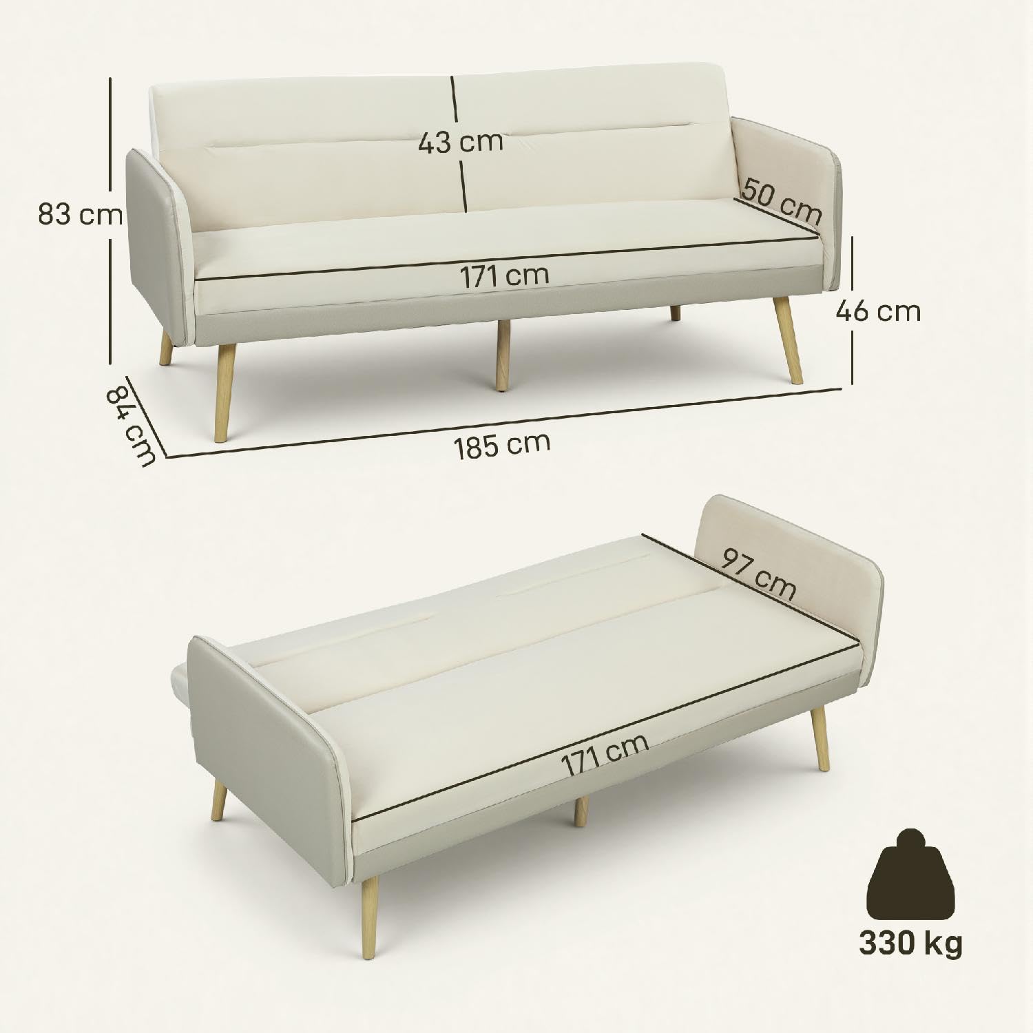 Divano Letto 3 Posti Clic Clac Stile Scandinavo in Tessuto Effetto Velluto 185x84x83 cm Colore Beige