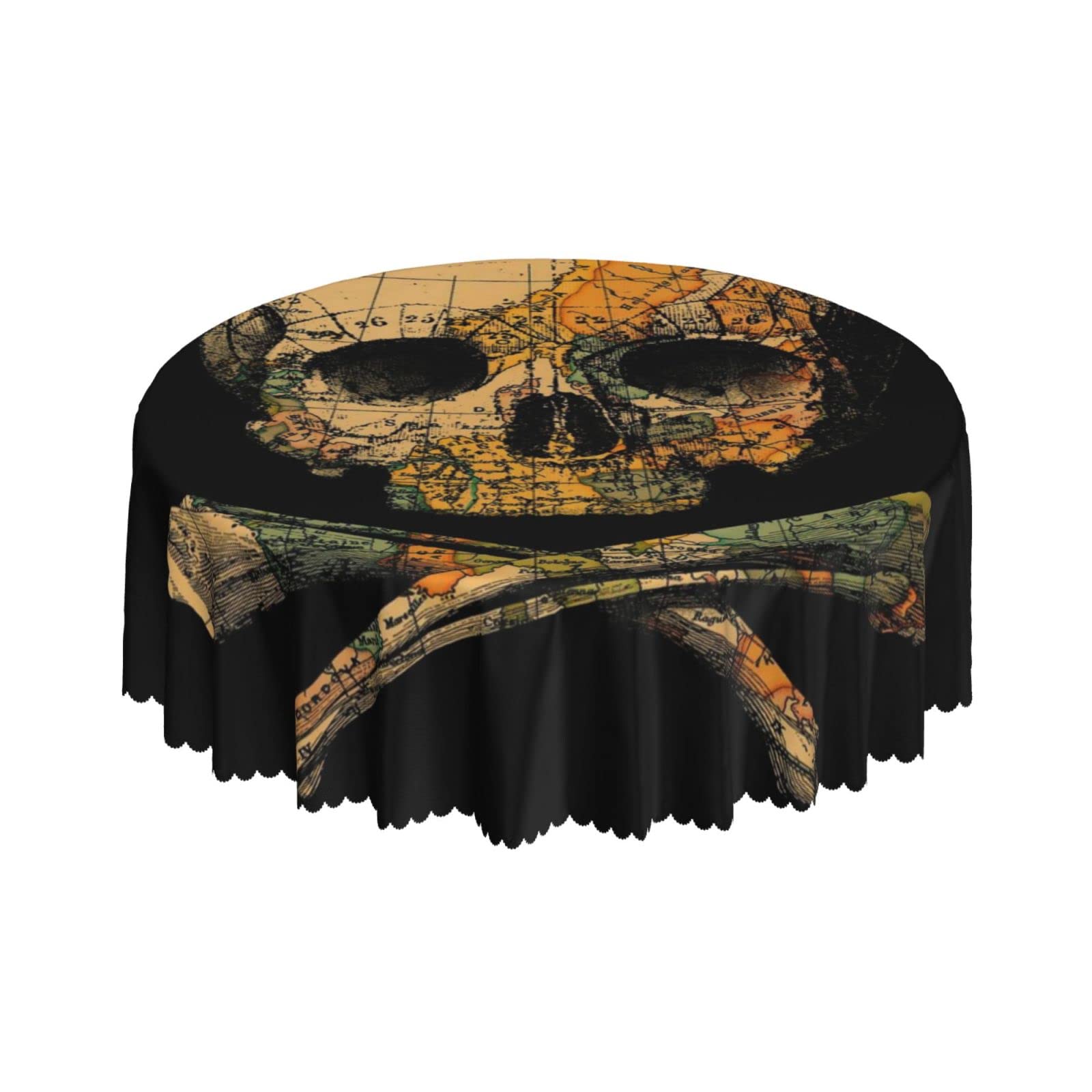 Lsjuee Skull Abstract World Map Black Round Tablecloth 60 Inch Printed Washable Tablecloth for Dining Party Holiday Fall Home Decorative