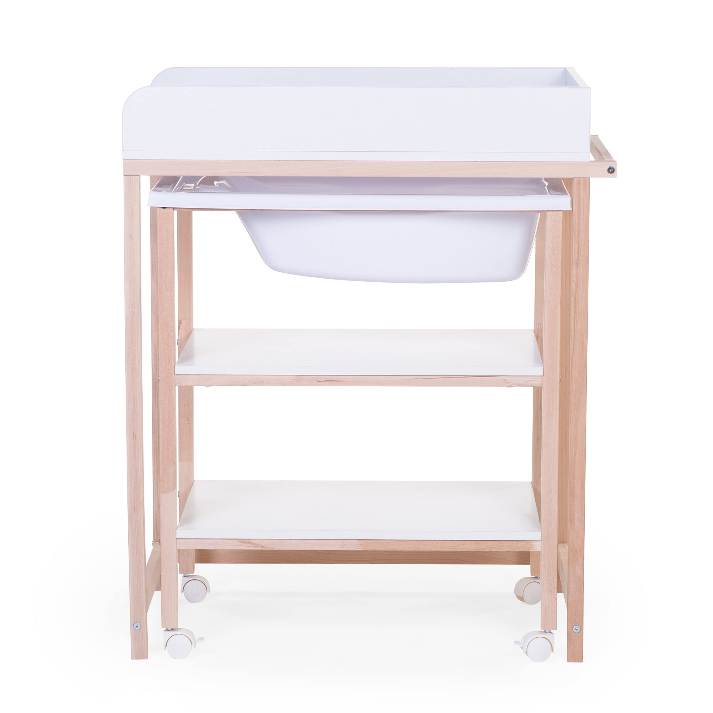 CHILDHOME, Table À Langer Avec Baignoire, Roues Facilite Le Déplacement, Unité De Change, Robuste, Sécurité Optimale, Ultra Pratique, Compacte, Bois Naturel De Hêtre