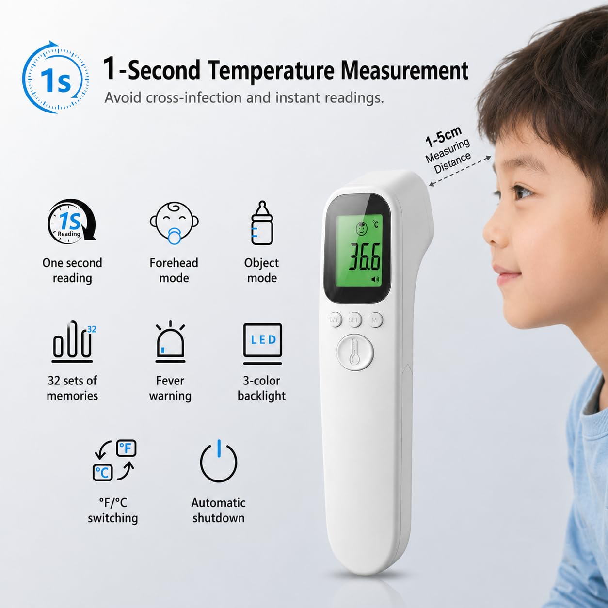 Thermomètre Frontal Sans Contact, Thermomètre Infrarouge Médical Numérique pour Bébé, Enfant et Adulte, Écran LCD Rétroéclairé 3 Couleurs, Lecture Instantanée et Précise, Alarme de Fièvre