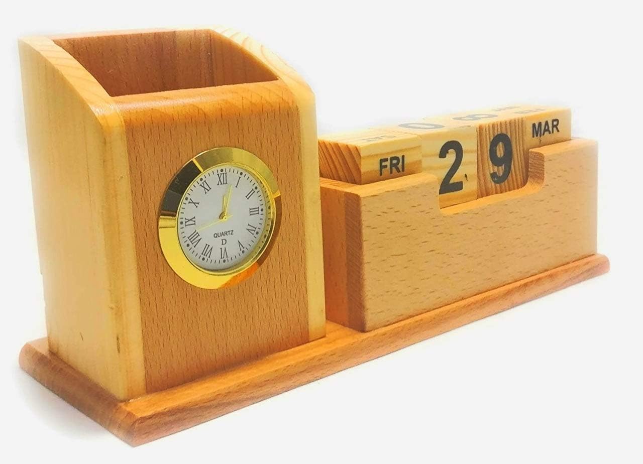 SHENKY Wooden Desk Organizer, Multi-Functional Pen pencil Holder Box, Desktop Stationary with Clock and Changeable Date Calendar Mobile Holder for Office, Shop, Showroom