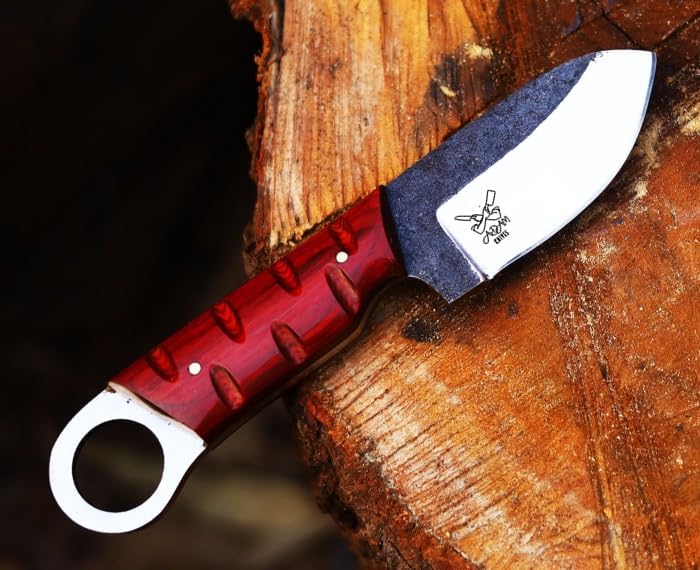Fixed Blade Carbon Steel Outdoor Knife with Pancake Leather Sheath, 7'' Full Tang Skinning Knife,Non-Slip Wooden Handle