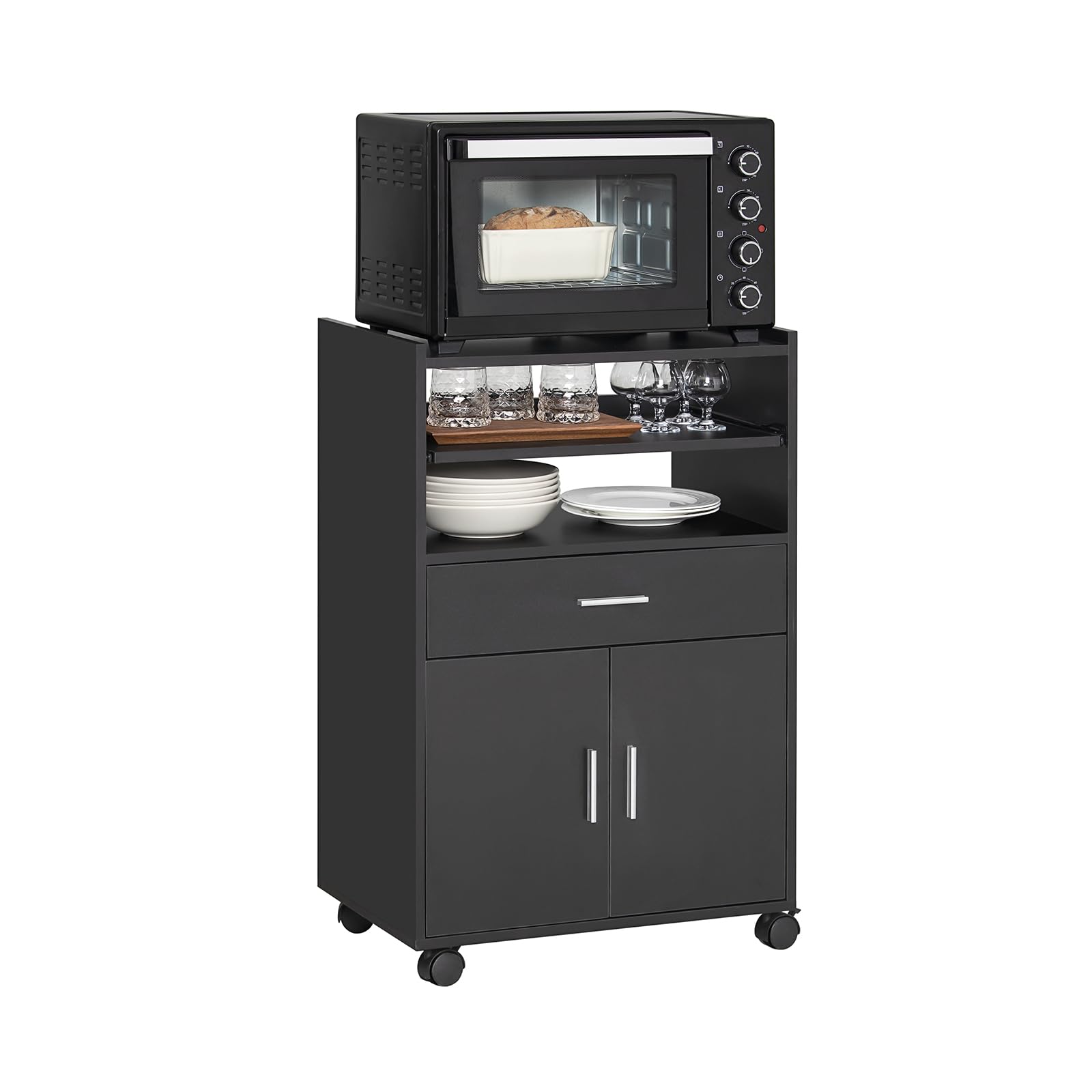 SoBuy FSB09-SCH Aparador Auxiliar de Almacenamiento para Microondas con Ruedas Armario de Cocina con 2 Puertas 2 Estantes y un Cajón 59 x 40 x 92 cm Negro ES