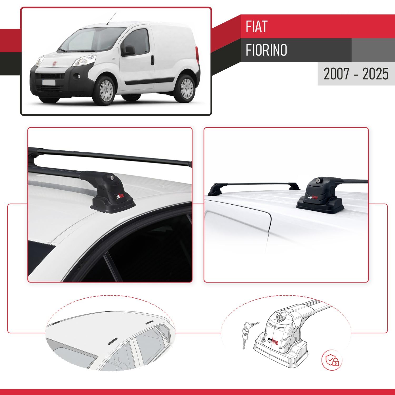 Compatibile con Fiat Fiorino 2008-2025 ACE-3 Barre Tetto Portapacchi Auto Barre Portatutto Nero Alluminio 2 Barre