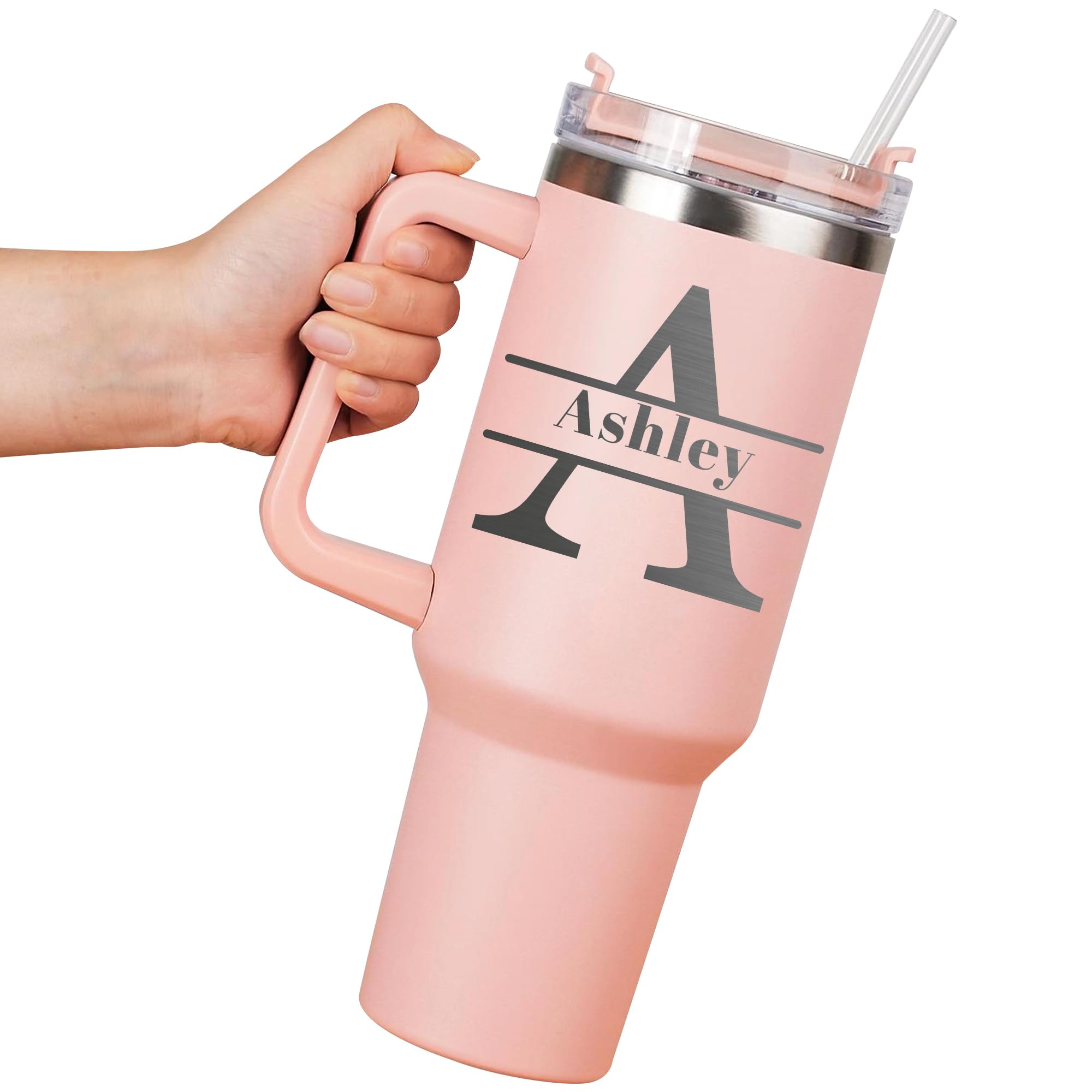 Initial Split Monogram Personalized Tumbler 40 oz Laser Engraved, Insulated Cup with Handle, Lid and Straw, Unique Initial Gift for Lover, Girls,