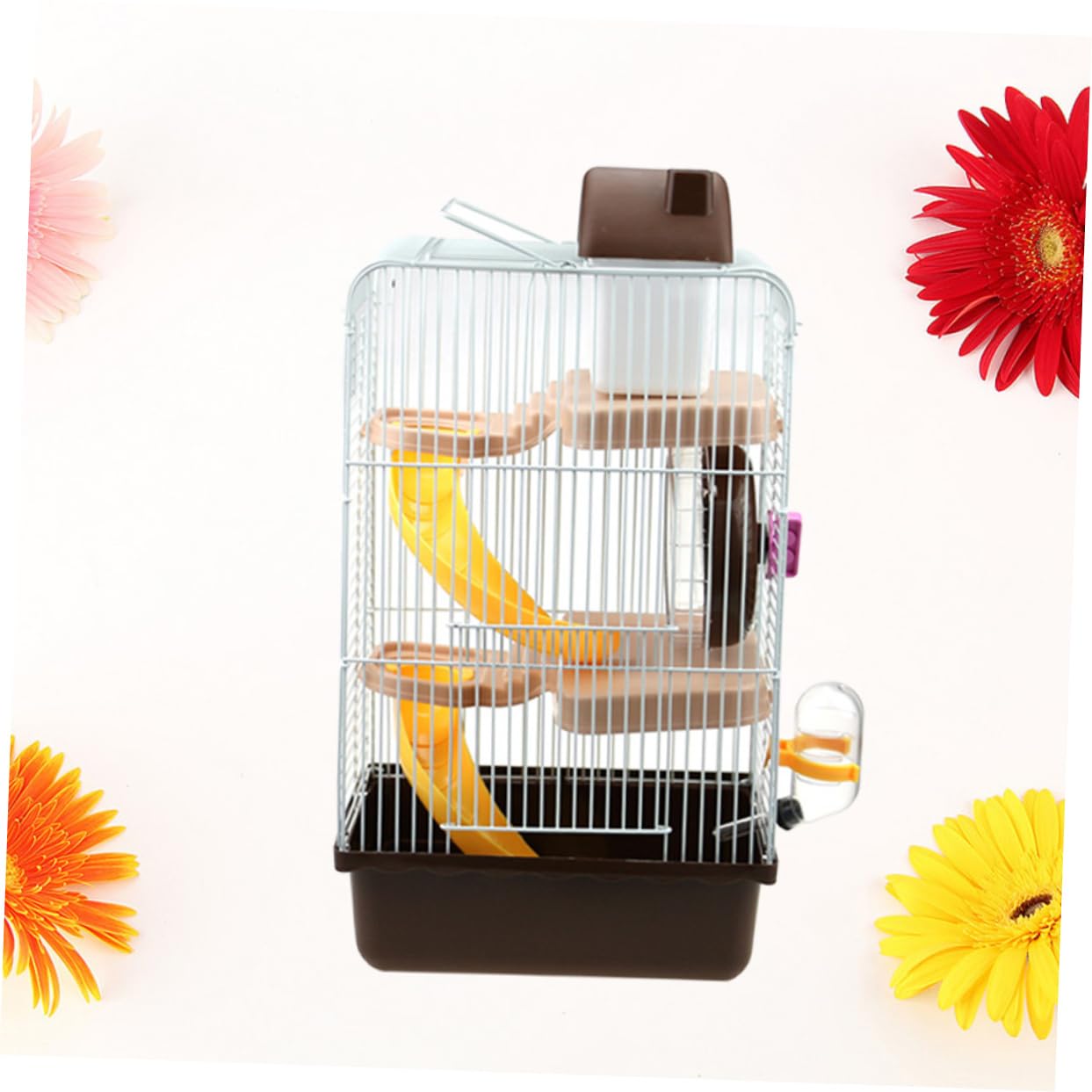 Dreistöckiger Hamsterkäfig Luxus Villa Käfig mit DREI Ebenen | Kaffeefarbene Ausführung, Pp und Eisendraht, 23x17x45cm, Laufrad und Auslaufsichere Trinkflasche