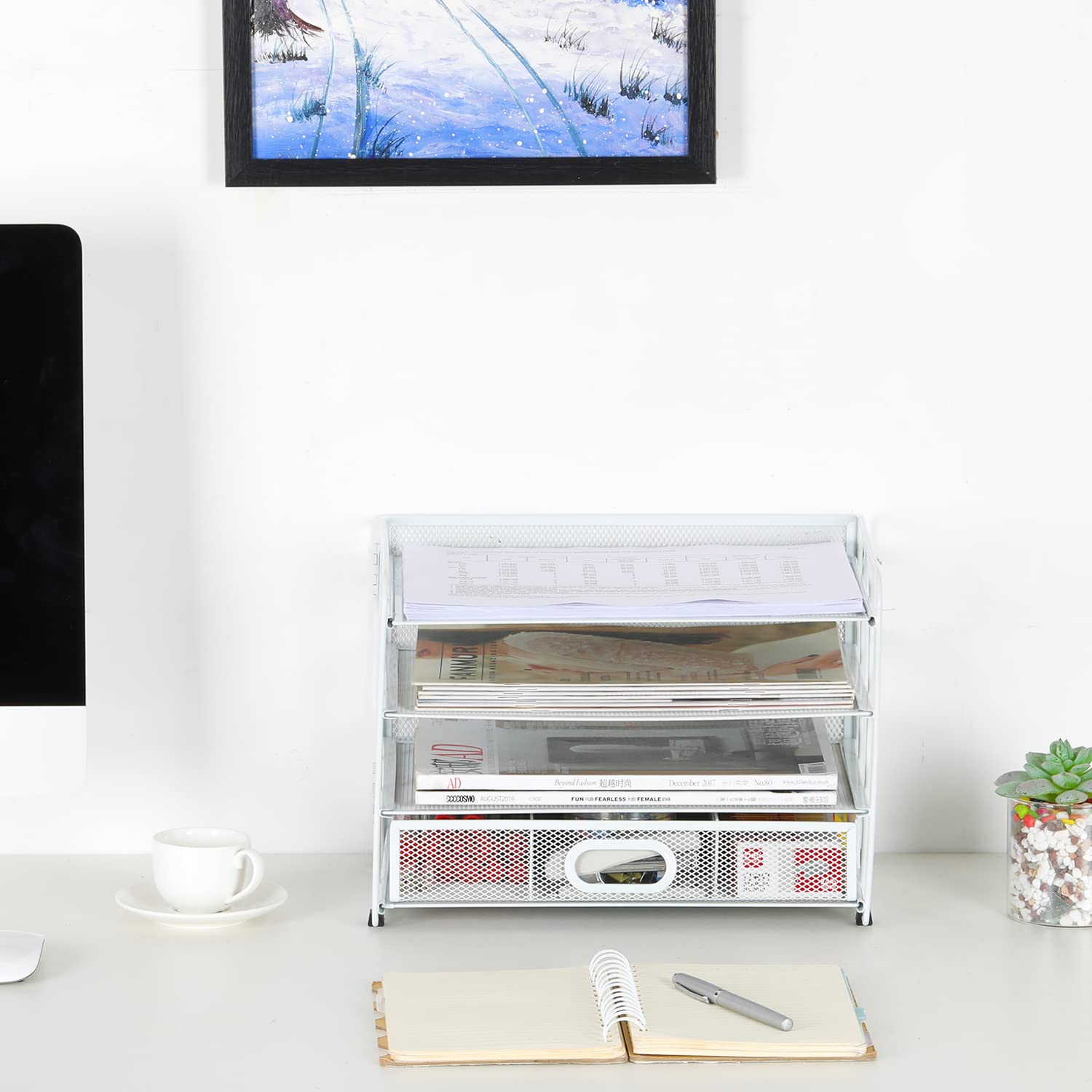 EasyPAG 4 Niveles Metal Malla A4 Bandeja Oficina Organizador Documentos Almacenamiento Papeles Soporte Archivador Clasificador Escritorio Estante Carta con Cajón,Blanco
