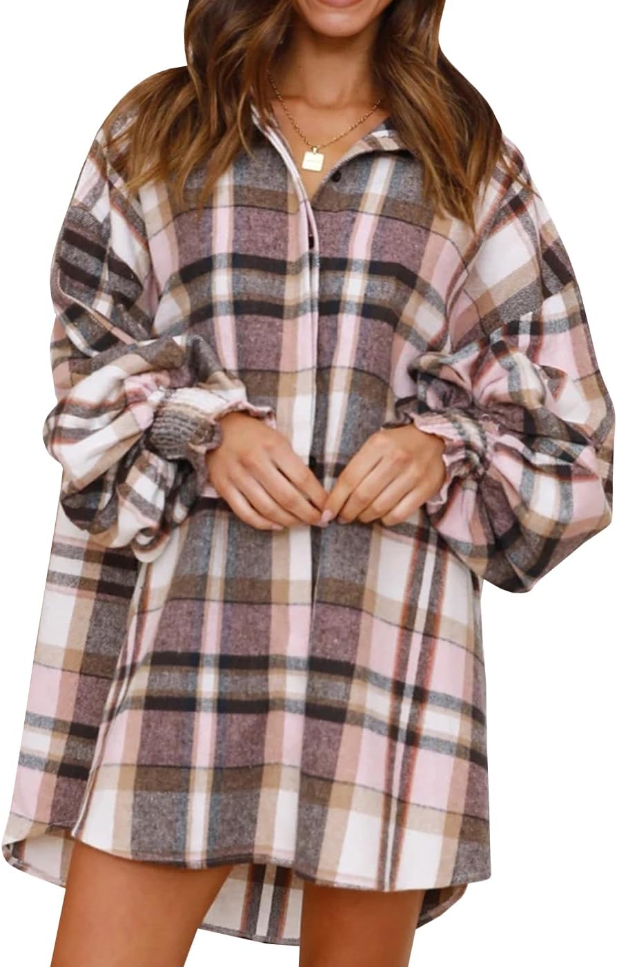 Danedvi Womens Oversized Flannel Plaid Shirts Jacket Ballon Sleeve Button Down Shacket Coats Pink - Image 2