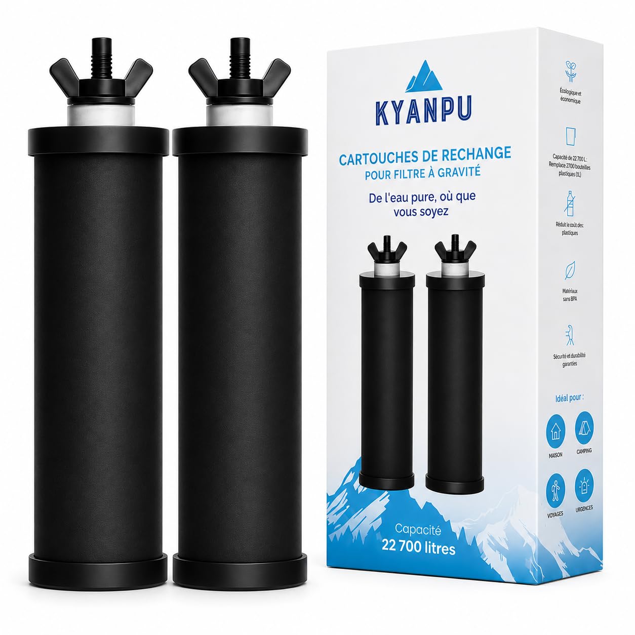 2 Filtres Charbon Actif pour Filtre Gravité - Compatible Berkey, Berkefeld, Weeplow - Réduit 99,99% Contaminants, Chlore, Bactéries - 22 700L - Eau Robinet & Pluie - Cartouches Filtrantes