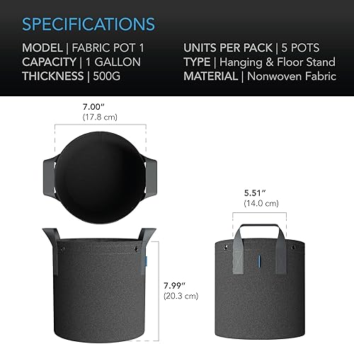 Vista 6 de AC Infinity - Macetas de tela resistente de 1 galones para cultivo de aireación, 5 unidades con tela no tejida gruesa de 17.64 oz (500 G) y anillos