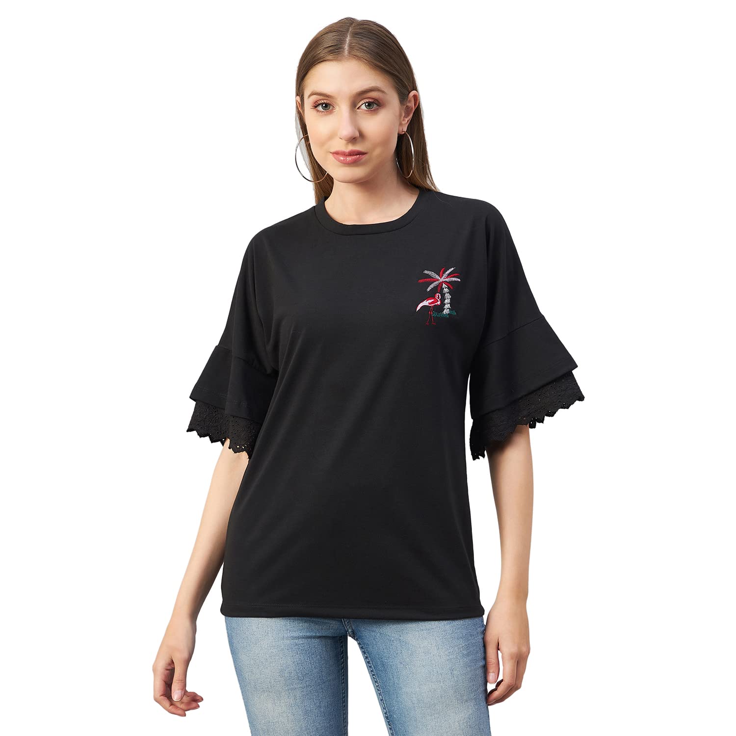Austin Wood Women Balck Embroidery Top(1182A)-image-19