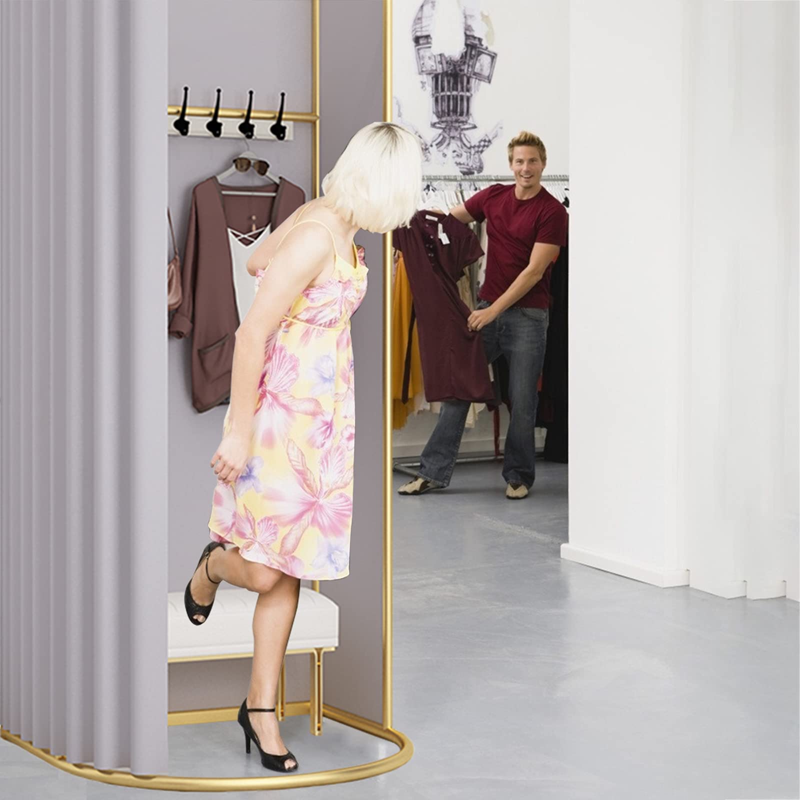 Freistehend Umkleidekabine mit Beschattung Vorhänge, Tragbarer Temporärer Einfacher Umkleidekabine, für Bekleidungsgeschäft, Einkaufszentrum und Büro, Schutz Privatsphäre, 200x100x95cm (Silber)