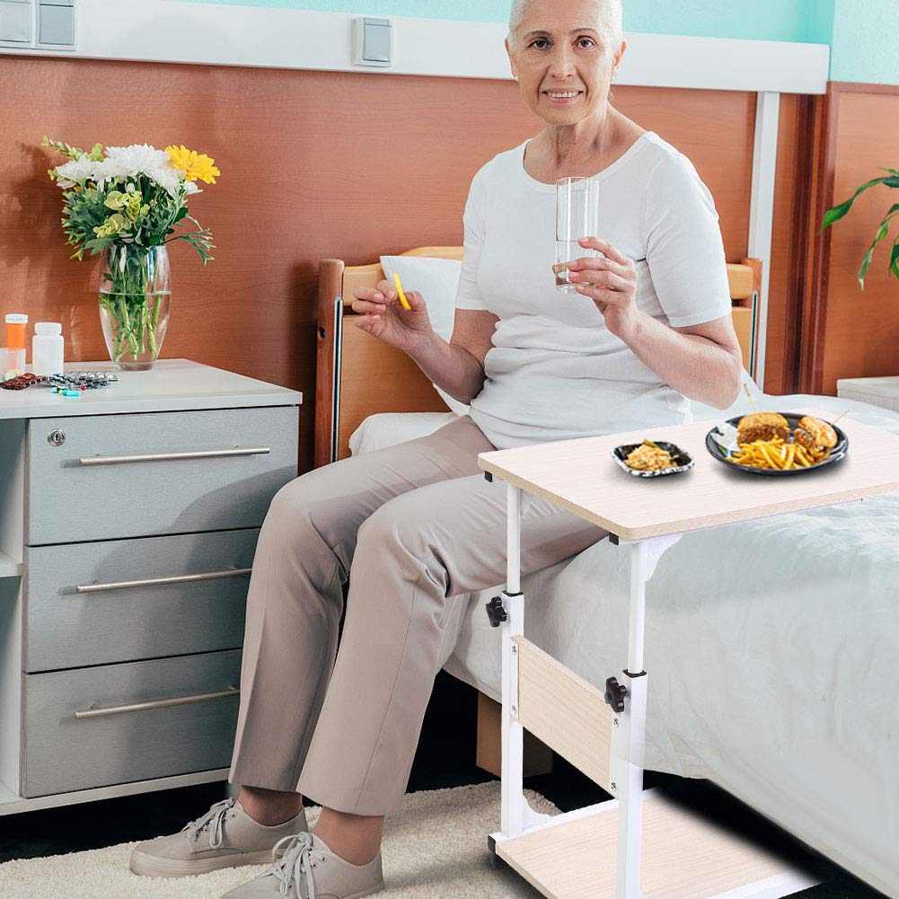 Ejoyous Tavolo Porta Laptop su Ruote, tavolino mobile per divano con divisorio di stoccaggio Comodino da caffè regolabile in altezza per soggiorno Camera da letto Ufficio ospedale(Acero bianco)