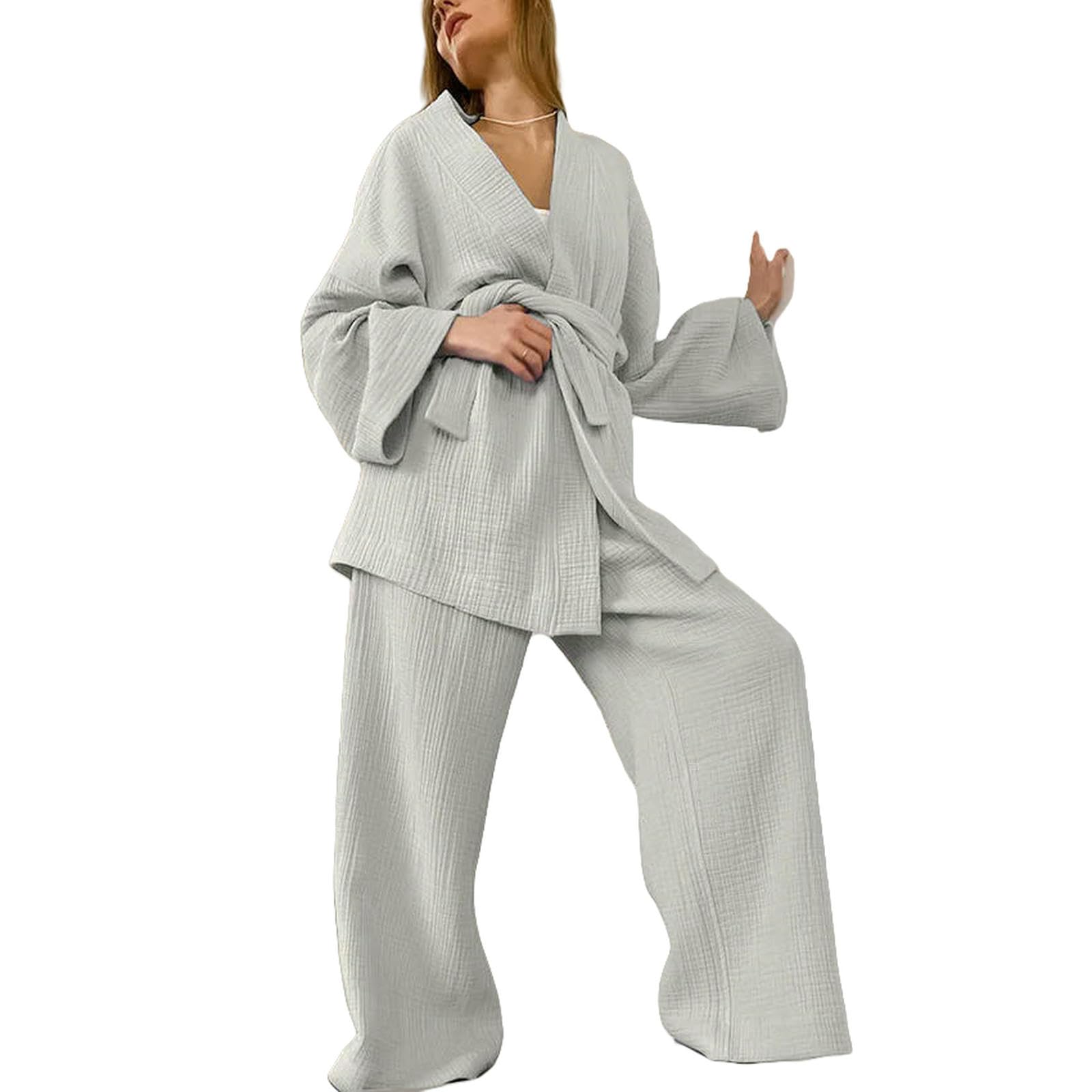 Pigiama in Cotone crêpe Pantaloni A Maniche Lunghe da Donna Completo Servizio Domicilio Mujer-Marrone Chiaro-s
