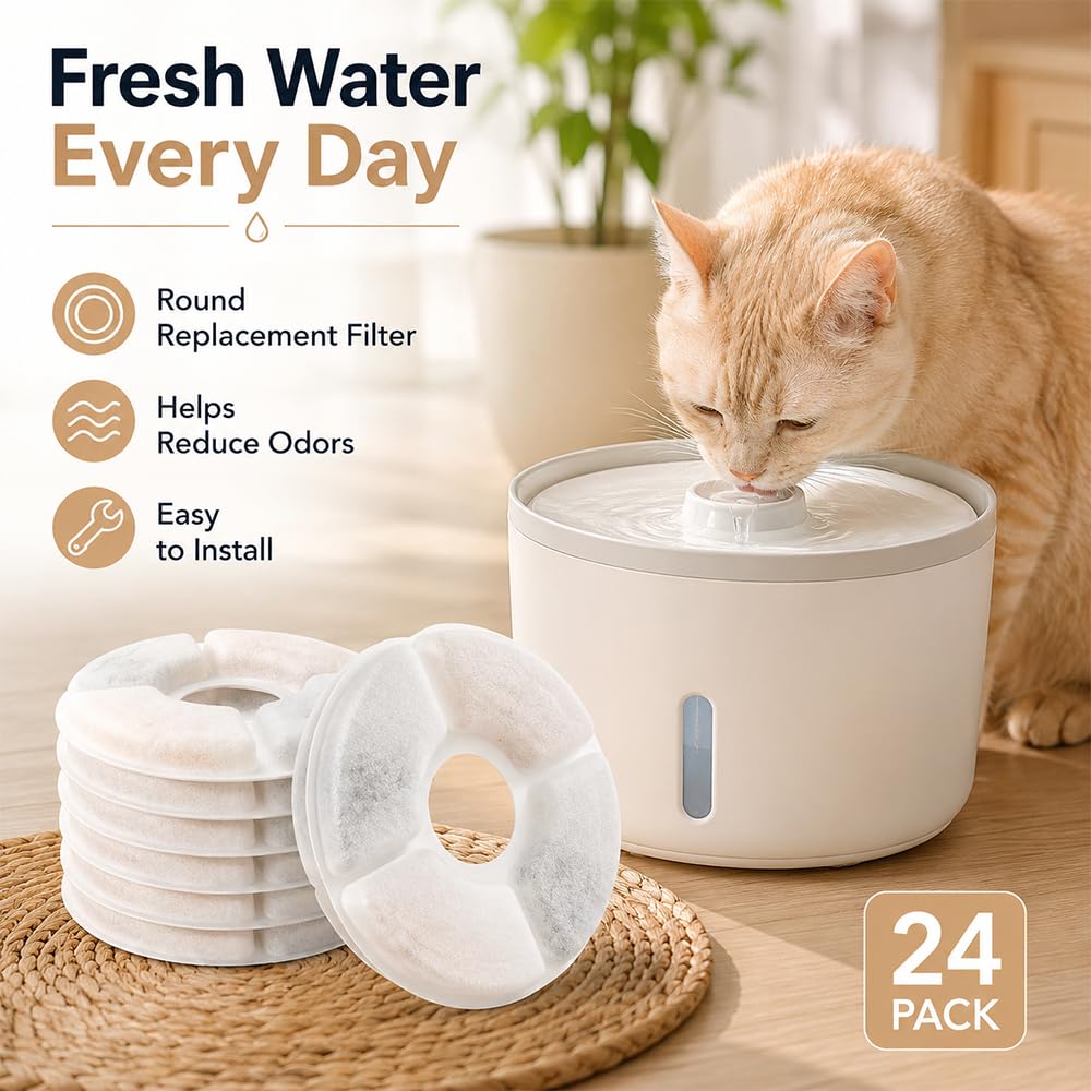 24 Filter Katzenbrunnen für Comsmart Stainless Steel Cat Water Fountain Aktivkohle Ersatzfilter Rund Filterkartusche für Katzen Hunde Trinkbrunnen