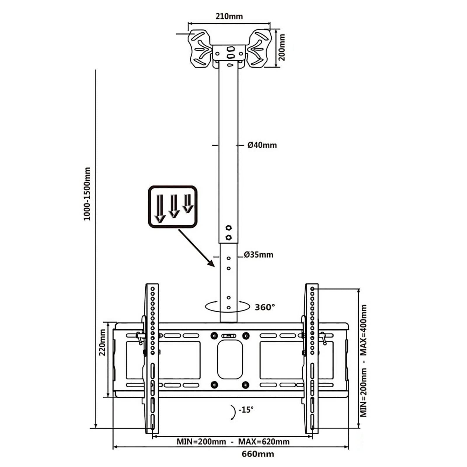 Soporte universal para TV de montaje en techo, soporta pantallas de hasta 50 kg, soporte telescópico giratorio inclinable para televisores de pantalla plana curvada LCD de 49 a 65 pulgadas (1,5 m)