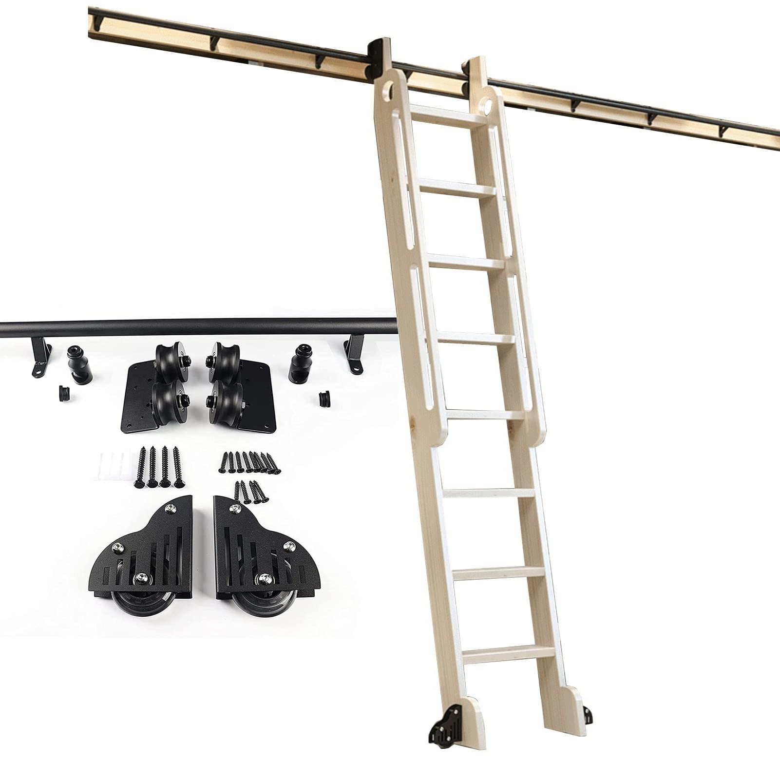 GHFXSCV Sliding Barn Door Kit 3.3ft-13ft Sliding Ladder Library Hardware Rolling Track Kit (No Ladder), Round Tube Mobile Ladder Track with Floor Roller Wheels (Size : 20ft/600cm Track kit)
