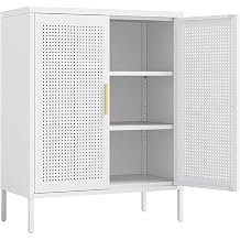 Buffet Cabinet Metal Storage Cabinet with 2 Mesh Doors Freestanding Tool Cabinet with 2 Adjustable Shelves for Living Room Kitchen White One Size