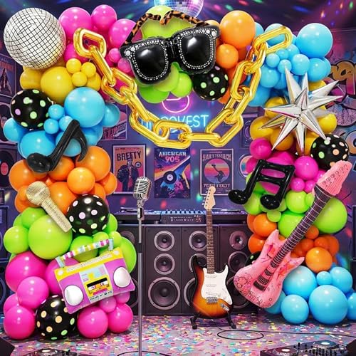 90s 80s Disco Theme Party Decorations 151Pcs Balloon Arch Kit with Disco Ball Retro Glasses Musical Note Guitar & Star Foil Balloons for Back to 80s 90s disco Birthday party