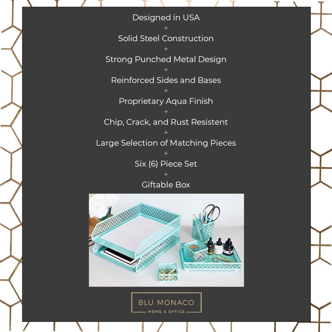 BLU MONACO | Aqua Desk Organizer Set for Women 6 Piece | Mail Sorter Organizer Countertop with Letter Sorter for Desk | Standing File Organizer with Mesh Pen Holders