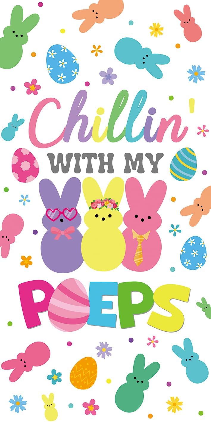 Happy Easter Door Cover Chillin with My Peeps Bunny Colorful Eggs Decor Banner Spring Easter Rabbit Peeps Front Door Backdrop Home Indoor Outdoor Holiday Decorations Photo Supplies (3x6FT)