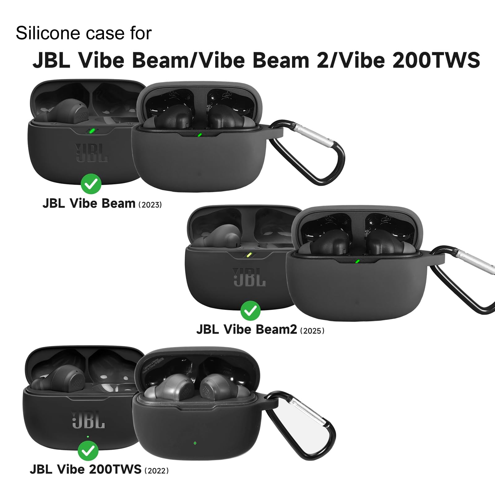 Silicone Case for JBL Vibe Beam 2025/Vibe Beam 2023/Vibe 200TWS True Wireless Headphones, Premium Shockproof Case Cover with Carabiner Compatible with JBL Vibe Beam/Vibe 200TWS.(Black)