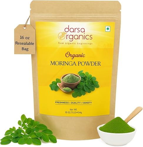 Moringa en polvo de 1 libra (16 onzas), polvo de moringa orgánico de grado premium USDA de la India, superalimento rico en nutrientes para tés,
