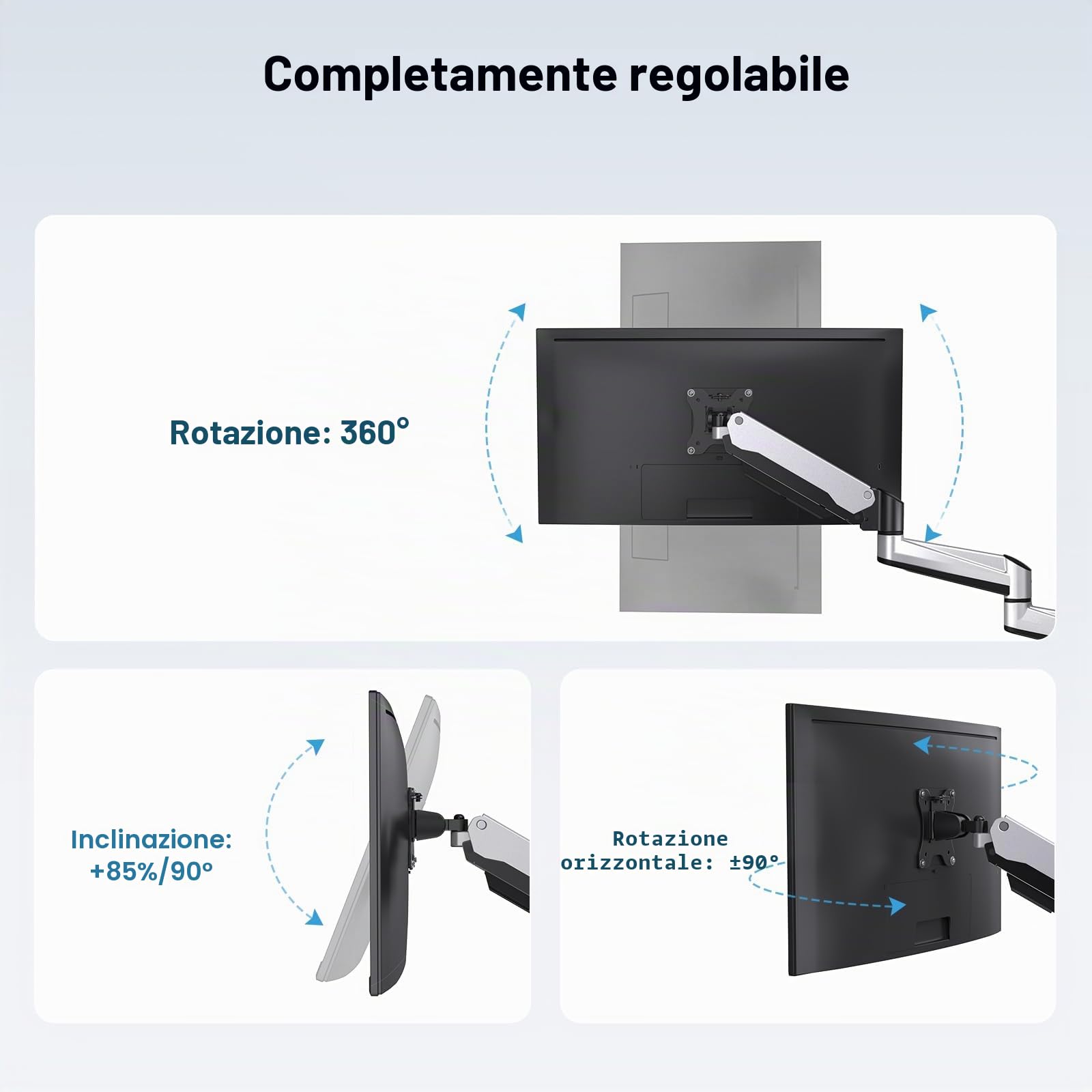 HUANUO Supporto per Monitor Triplo per Schermi Curvi da 13-32 Pollici, Braccio per Monitor Regolabile, Supporto per Monitor con molla a Gas, Capacità di Peso 8KG per Braccio