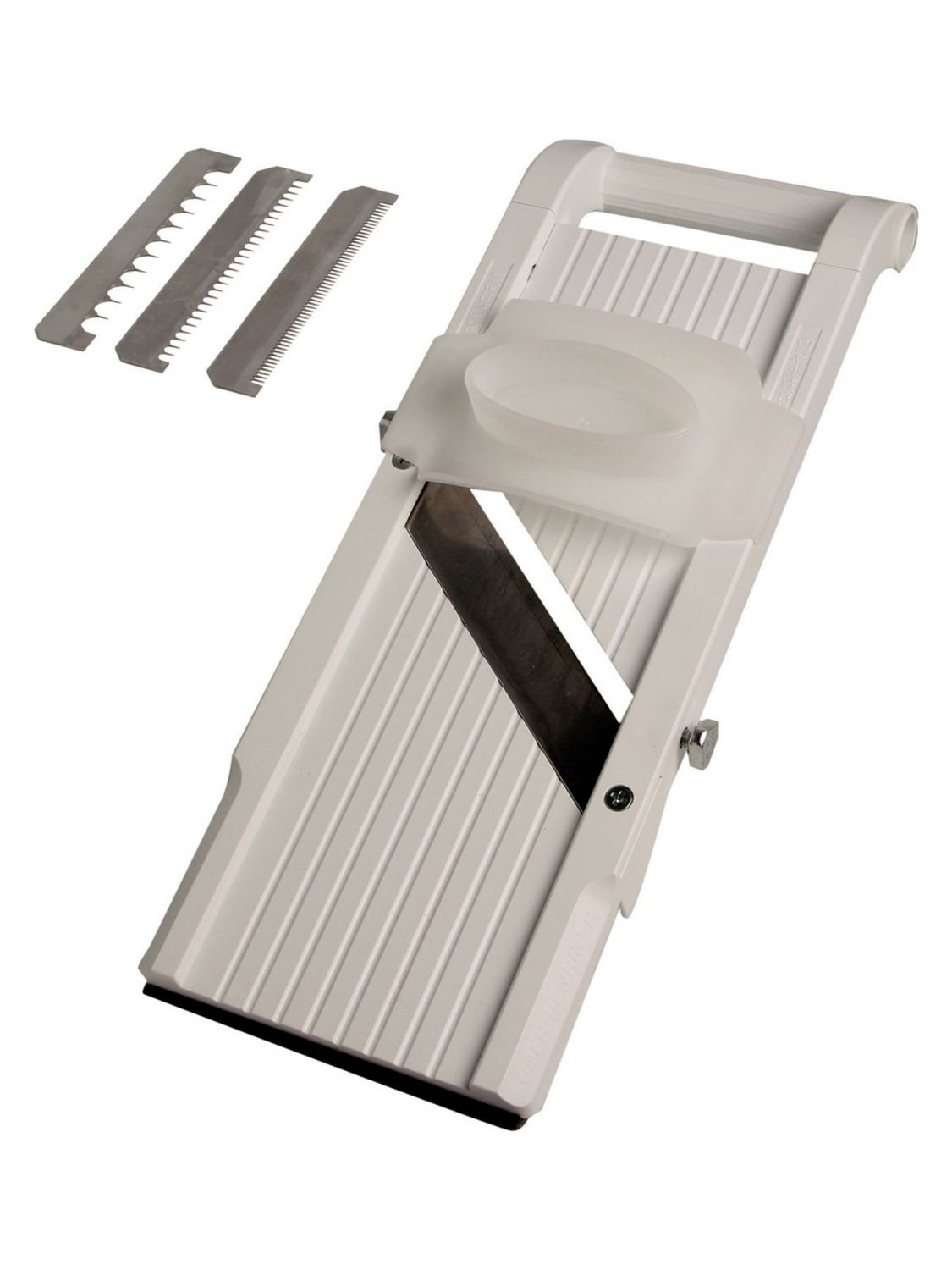 Benriner Mandoline Gemüseschneider Gemüsehobel 95 mm weiß inkl. Julienne Ersatzklingen und Fingerschutz + Prymo Schutzhandschuh
