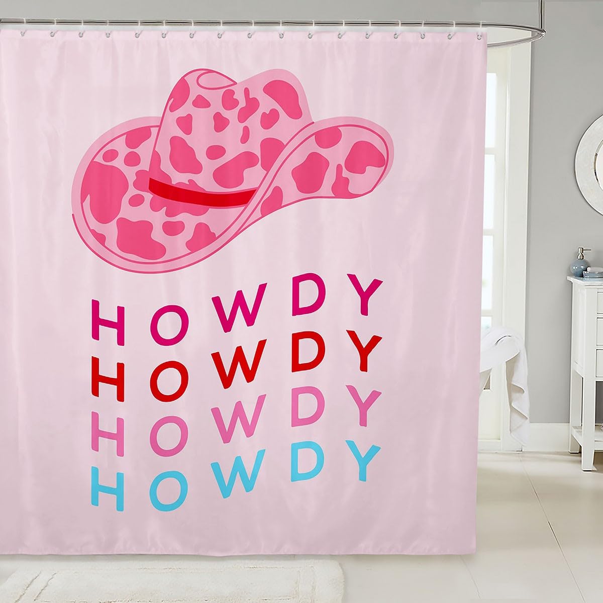 Howdy Bath Curtain Kids Western Hat Decor Shower Curtain Pink Cow Girl Bathroom Shower Curtain Set for Pink Howdy Decor Kids Bathroom Accessories 72x72 Inch