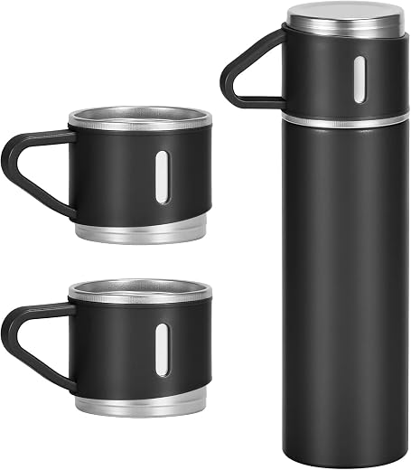 Stainless Steel Thermo Bottle with 3 Cups, Insulated Coffee Water Bottle for Hot and Cold Drinks, Vacuum Flask Set