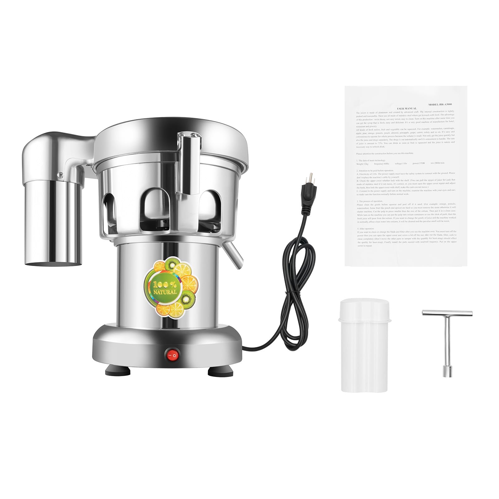 Extractor de jugo comercial Juicer resistente, máquina centrífuga exprimidor eléctrico de acero inoxidable de vegetales enteros y jugo de frutas 8