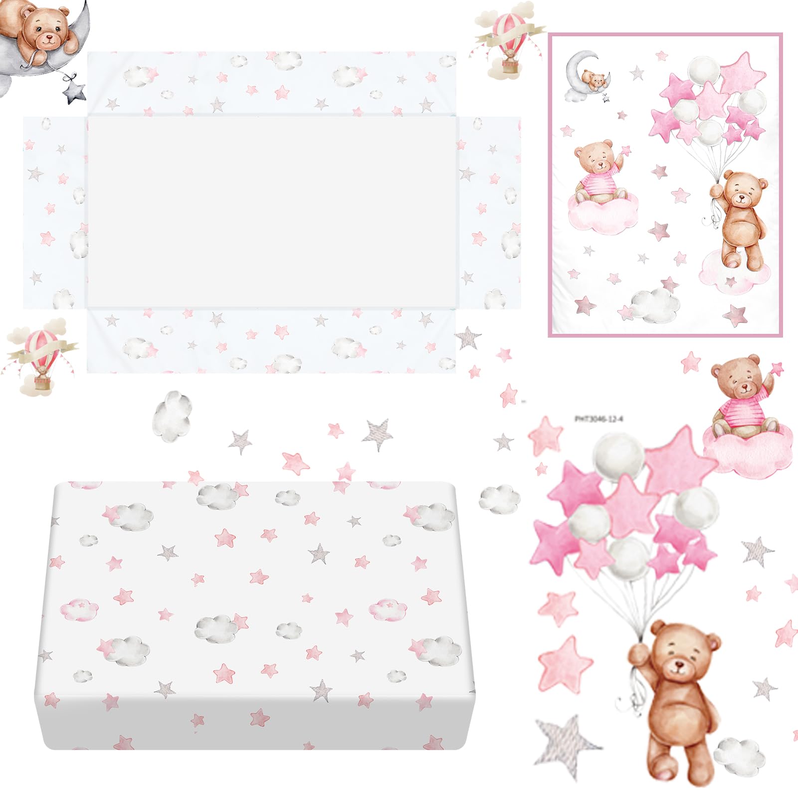 Mixweer Set di biancheria da letto per culla, 5 pezzi, per bambini, include lenzuola per culla, gonna per culla, piumone, copripiumino, adesivi da parete per ragazzi o ragazze, set di biancheria da