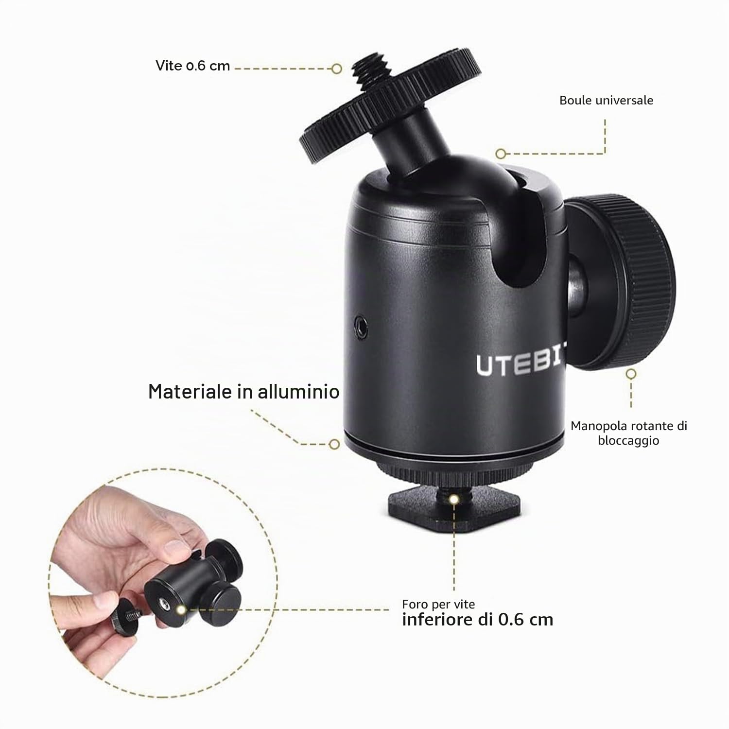 UTEBIT Mini Testa a Sfera per Treppiede 24mm, Rotazione 360°, Vite 1/4", Foro Filettato 3/8", Adattatore Slitta Hot Shoe con Vite 1/4", Max 5kg, per Fotocamere, Treppiedi, Flash