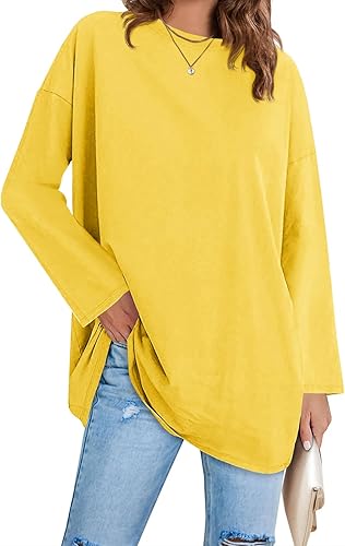 Fisoew - Camisetas de manga larga y tamaño grande para mujer, estilo túnica holgada, cuello redondo, blusa suave