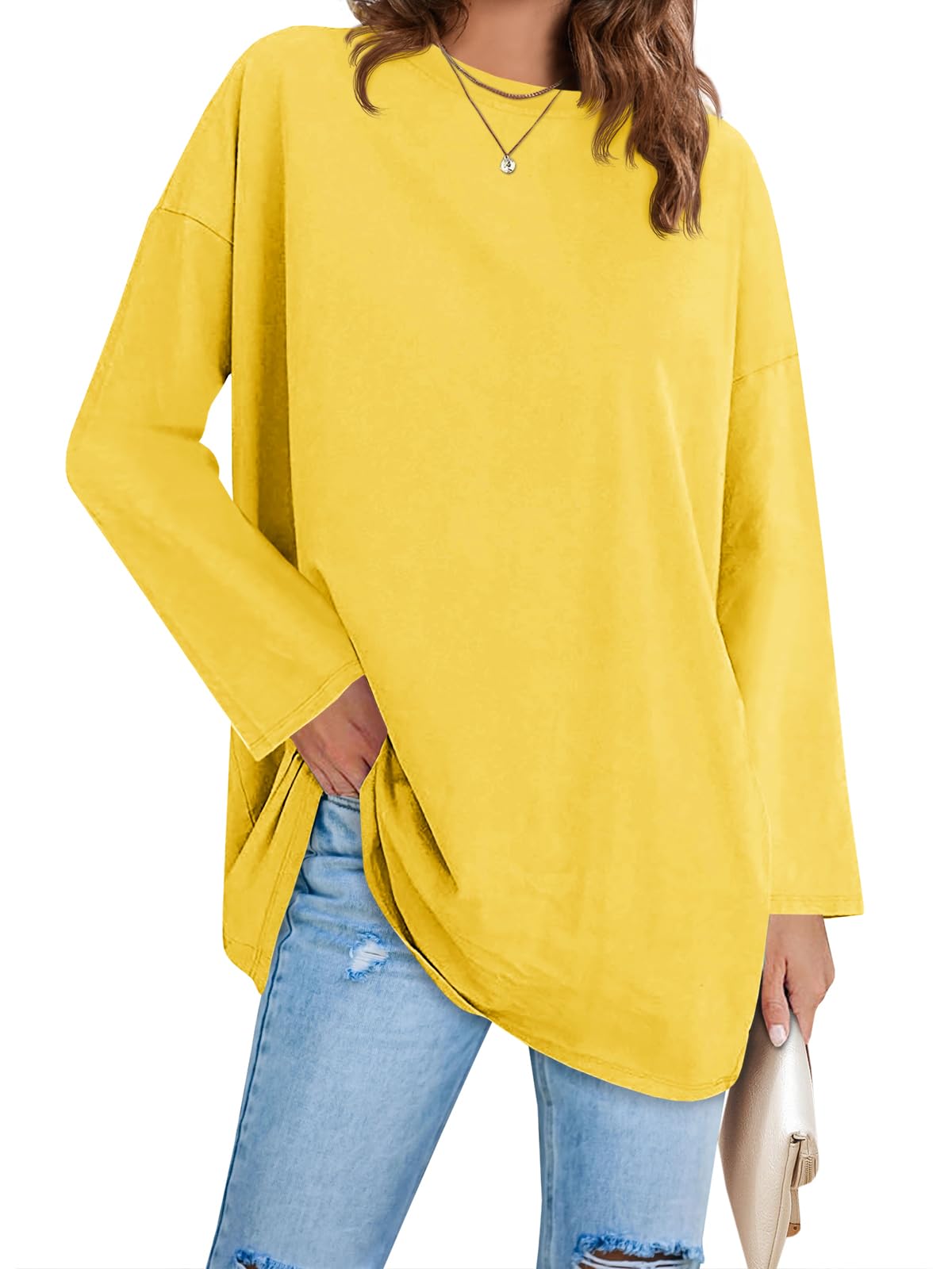 Fisoew Women's Long Sleeve Oversized T Shirts Loose Casual Crewneck Tunic Tops Soft Blouse