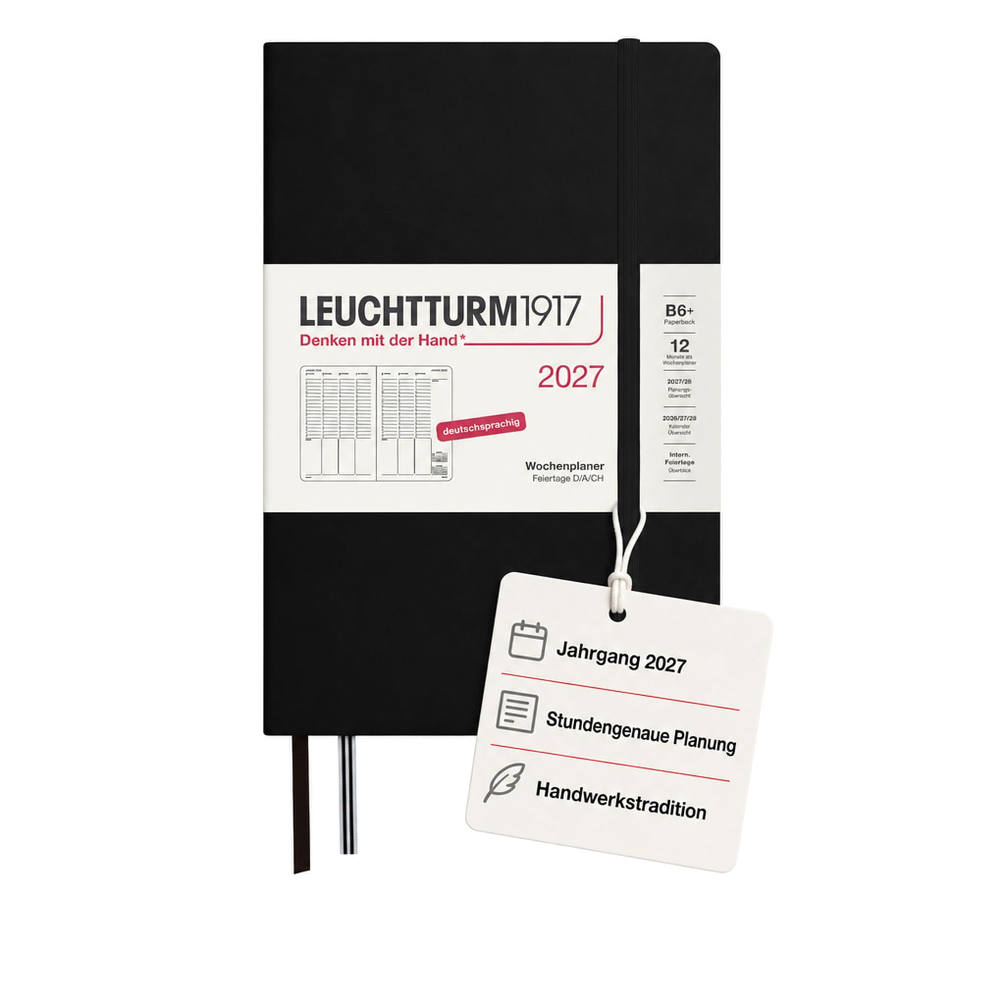 LEUCHTTURM1917 Weekly Planner 2027 Paperback (B6+) - German, Black, 190 x 125 mm, January-December (12 Months), Weekly Overview with Hour Grid 7:00-22:00 per Column, Hard Cover, 80 g/mยฒ Paper โ image 1