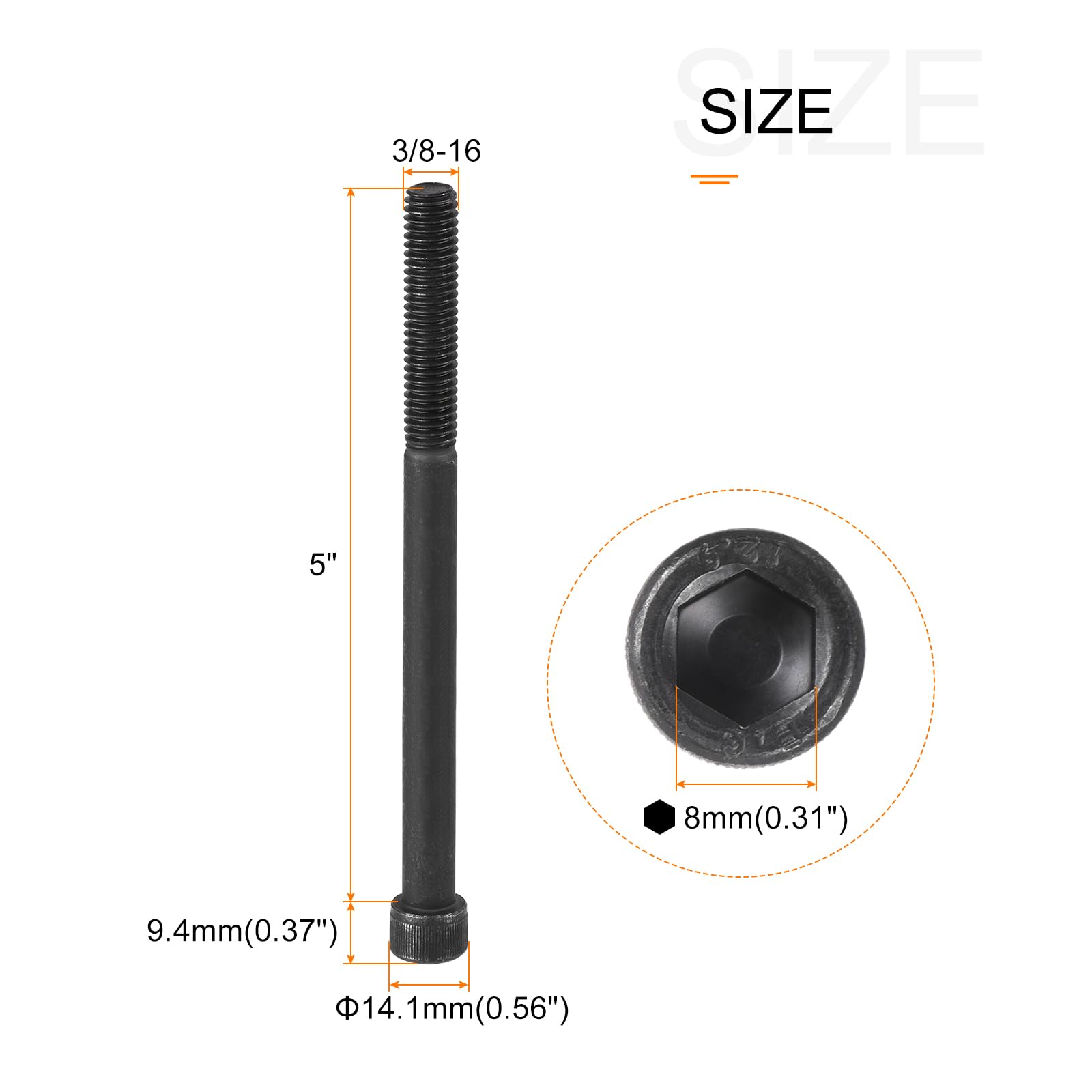 METALLIXITY Hex Socket Bolts (3/8-16x5") 5pcs, 12.9 Grade Alloy Steel Hex Socket Drive Screw - Image 2