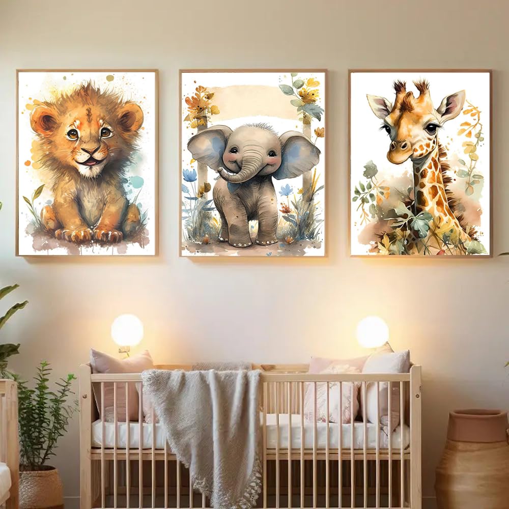 3 Affiches Animaux Jungle Tableau Savane Bebe Garcon Decoration Chambre Enfant Lion Girafe Poster Chambre Enfant Foret 30x40 Toile Boho Affiche Animaux Chambre Bébé Garcon sans Cadre (BYCH074-30x40)