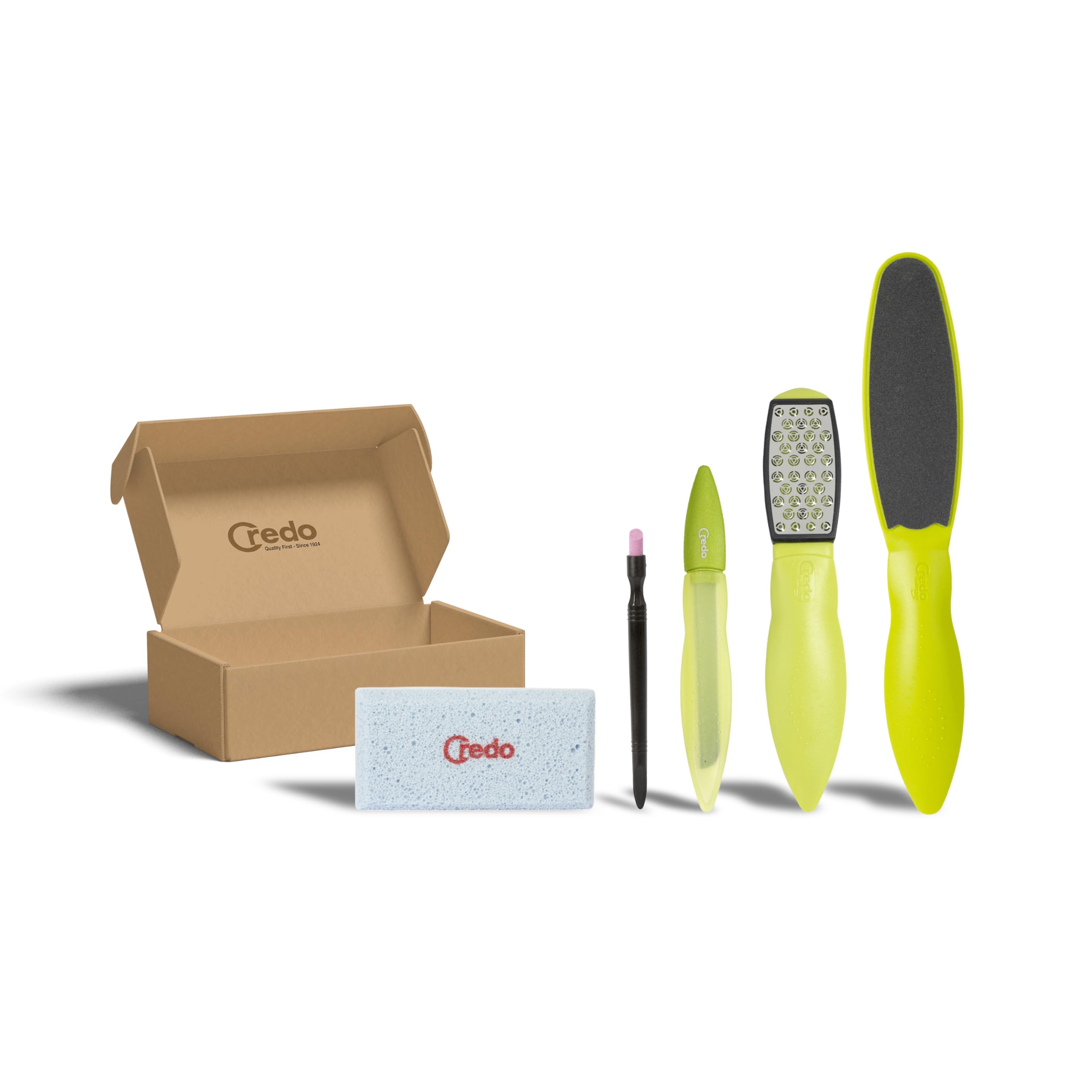 Credo PopArt Soft Care Bundle Fußpflege Set | mit SmartCutter, Pedikürestein, DuoSoft, Keramiknagelfeile & Keramik-Nagelhautentferner | sanfte Fuß- und Nagelpflege im farbigen Design (Grün)
