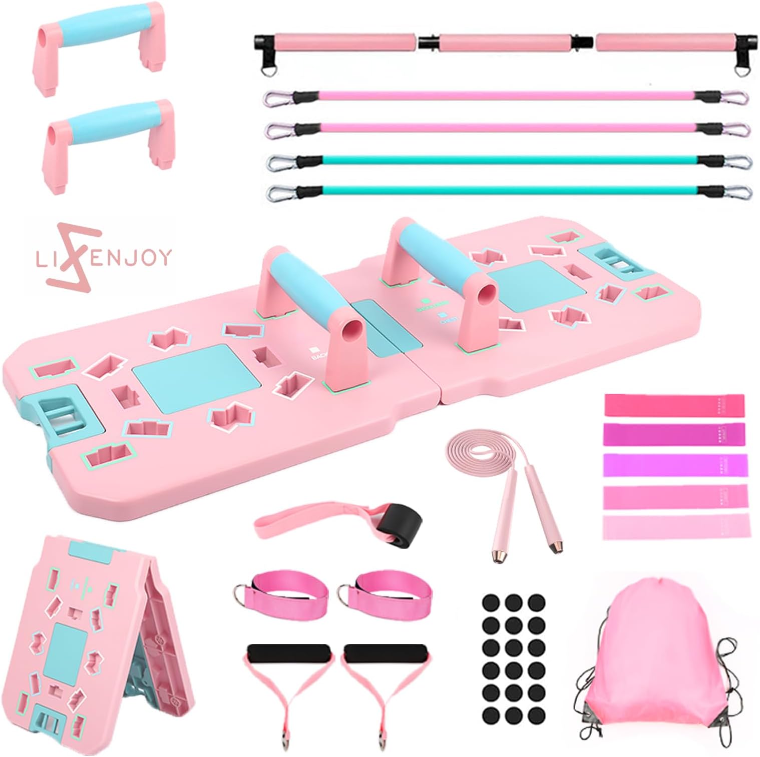 Lifenjoy Push Up Board, Foldable Home Gym Equipments, Pilates Bar & 20 Fitness Accessories with Resistance Bands, Portable Strength Training Equipment For Women, Fitness Multi-Function Pushup Stand,