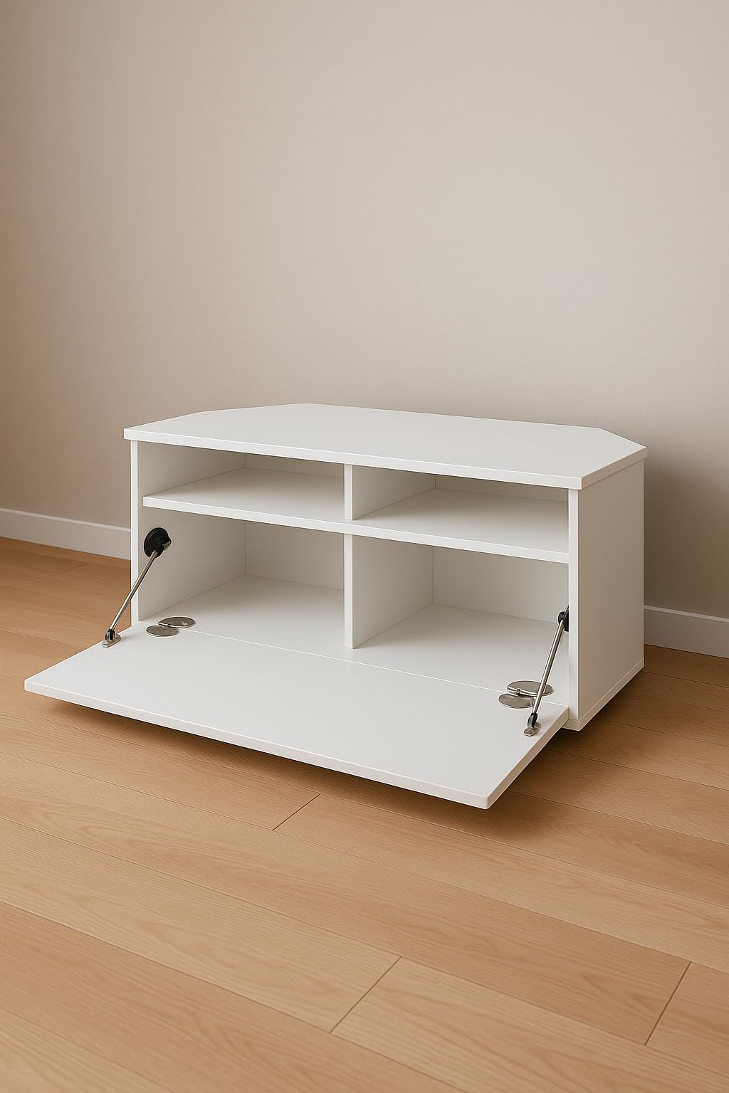 RO&CO Sonorous TRD100-WHWN | Mueble TV Esquinero Blanco 100 cm | Puerta Abatible Nogal | Diseño Moderno para Salón | Almacenamiento Oculto | Soporta hasta 40 kg | Mueble TV de Esquina.